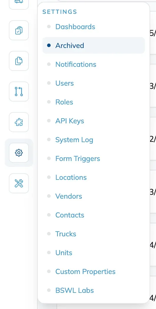 The Settings menu open in the sidebar with Archived selected, listed above Notifications, Users, Roles, API Keys, System Log and the other settings pages.
