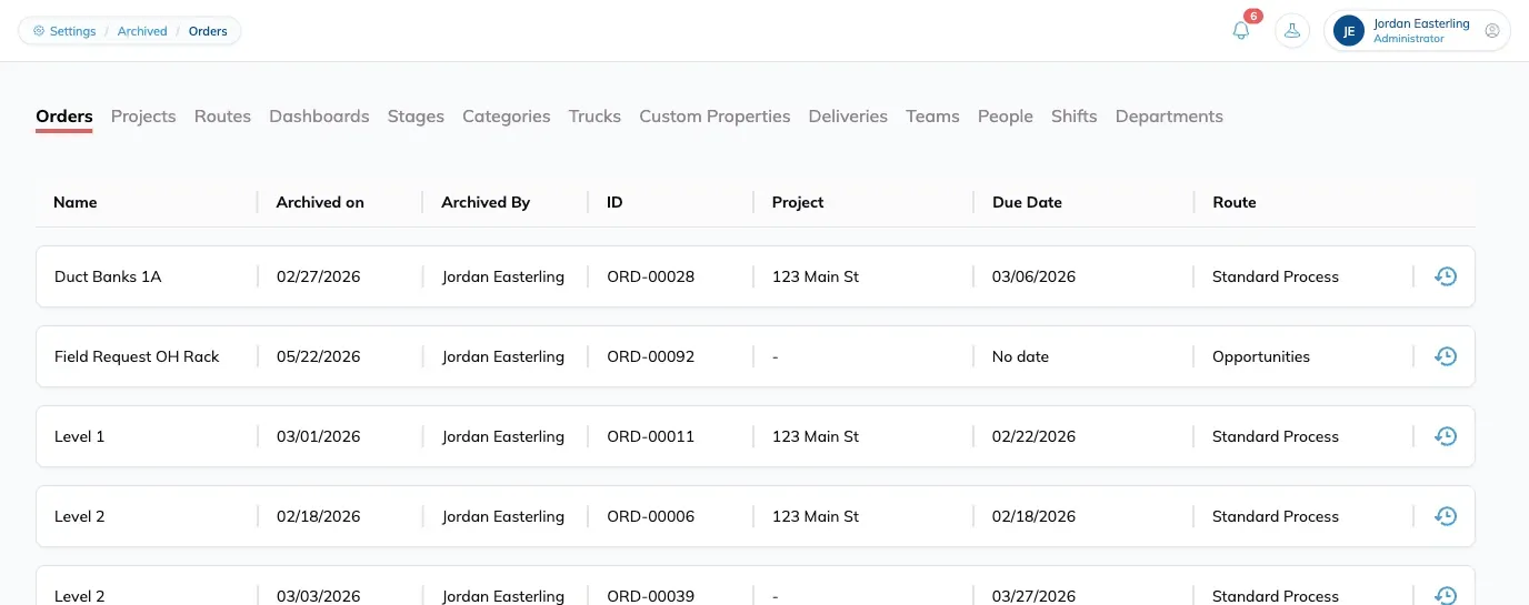 The Archive Bin on its Orders tab, listing archived orders with Name, Archived on, Archived By, ID, Project, Due Date and Route columns, a restore icon at the end of each row, and tabs for Projects, Routes, Dashboards, Stages, Categories, Trucks, Custom Properties, Deliveries, Teams, People, Shifts and Departments.