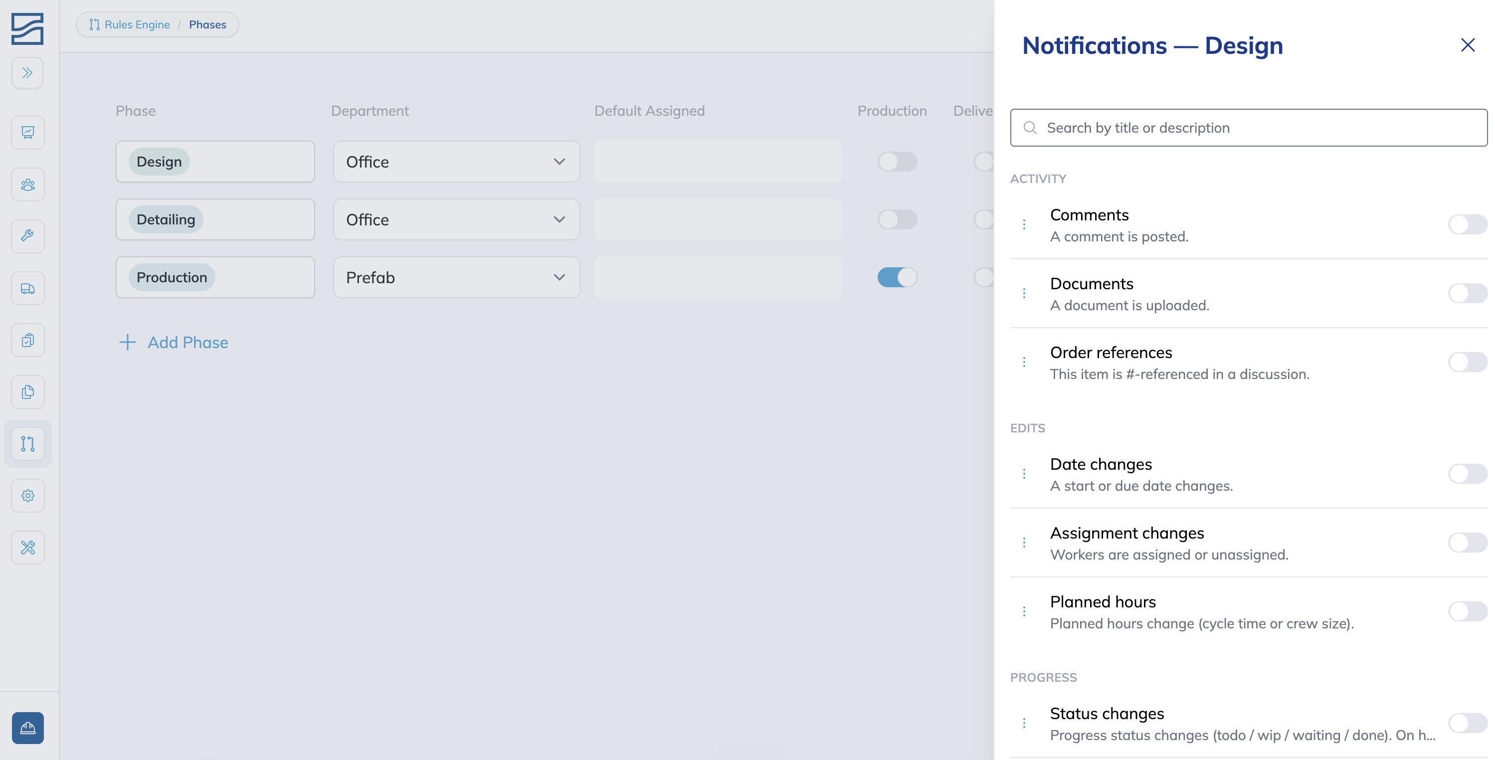 The Notifications option in a Rules Engine row menu.