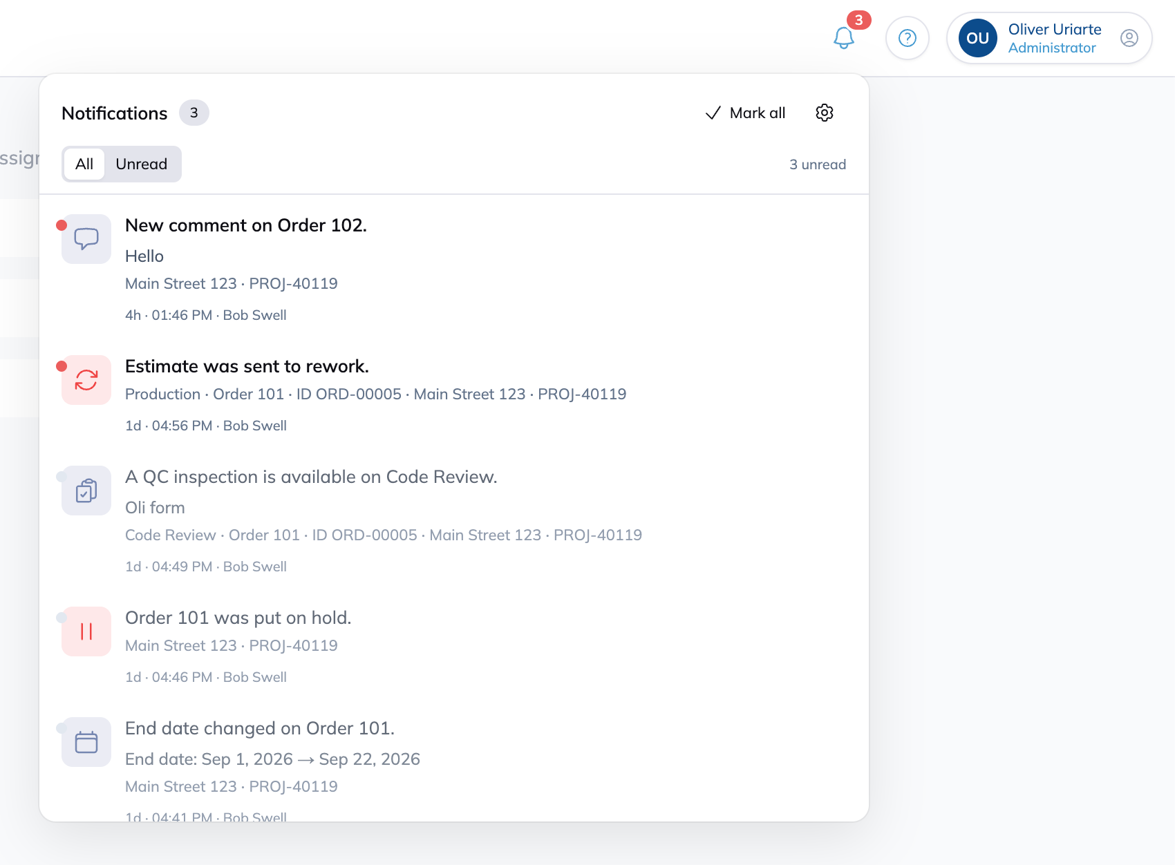 The notification feed, opened from the bell.