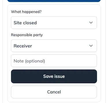 Reporting an issue on the driver page: a What happened reason picker, a Responsible party picker, and an optional note.