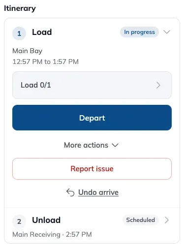 A stop on the driver page with More actions expanded, showing Depart, Report issue and Undo arrive.