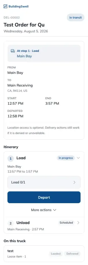 The no-login driver page on a phone: the delivery and its status, the current stop with from and to, the itinerary of stops in order, and what is on the truck.