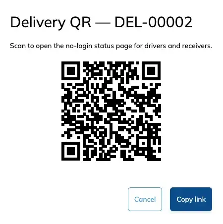 The Delivery QR dialog, offering a scannable code and a Copy link button for the no-login status page.