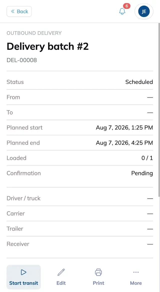 The delivery detail page on a phone. Status is Scheduled, Loaded reads 0 of 1, and Start transit sits in the action row with Edit, Print and More.