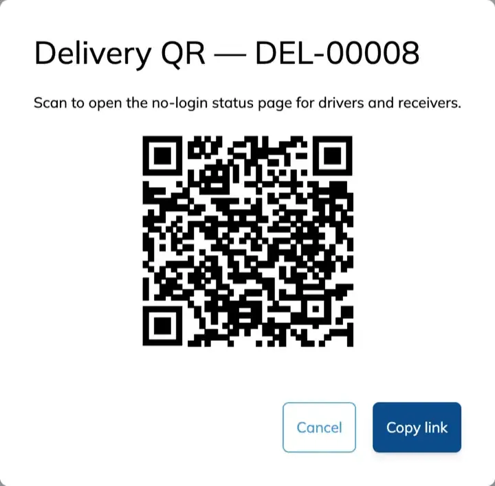 The Delivery QR dialog, offering a scannable code and a Copy link button for the no-login status page.