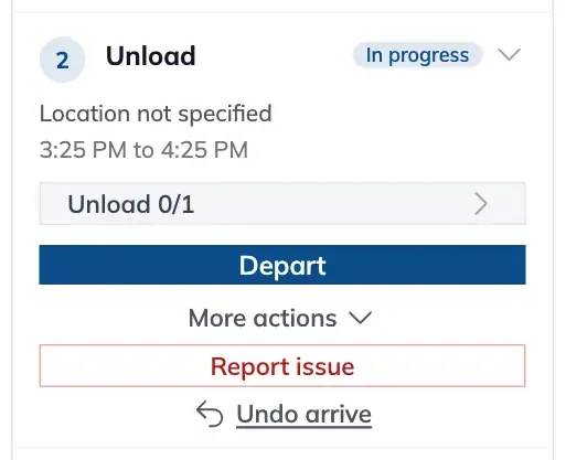 A stop on the driver page with More actions expanded, showing Depart, Report issue and Undo arrive.
