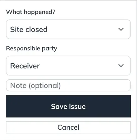 Reporting an issue on the driver page: a What happened reason picker, a Responsible party picker, and an optional note.