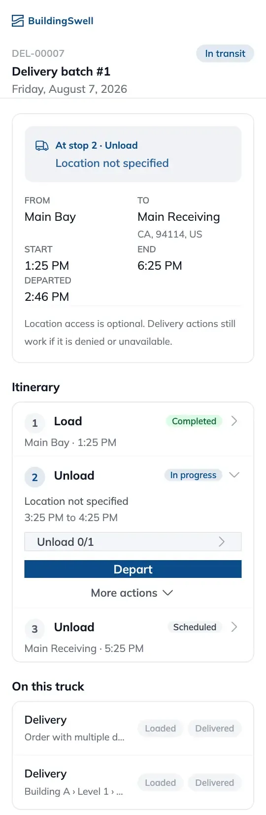 The no-login driver page on a phone: the delivery and its status, the current stop with from and to, the itinerary of stops in order, and what is on the truck.