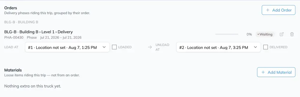The Cargo tab of a scheduled delivery, with an Orders section listing the delivery phase riding the trip and its load and unload stops, an Add Order button, and a Materials section with an Add Material button for loose items.