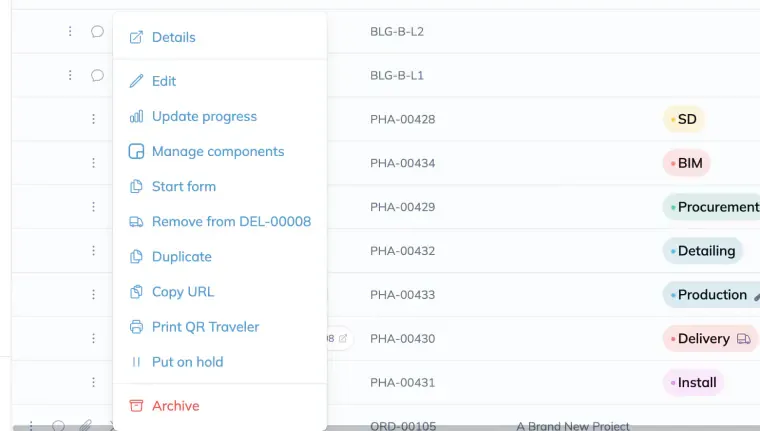 A Delivery phase row in Planning with its row menu open. Alongside Details, Edit, Update progress and the other row actions, the menu offers Remove from DEL-00008, the delivery the phase is currently riding.