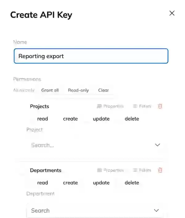 The Create API Key panel with a key name entered and the Permissions section below, showing the Grant all, Read-only and Clear shortcuts and per-subject read, create, update and delete checkboxes.