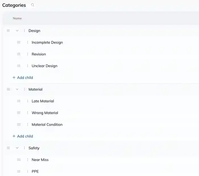 The Categories list with parent categories expanded to show their subcategories, each parent offering an Add child link.