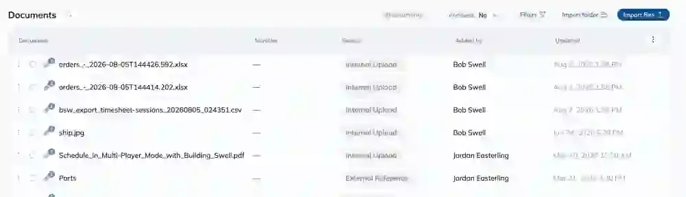 The Documents Hub list with the Import folder and Import files buttons in the toolbar above the document table.