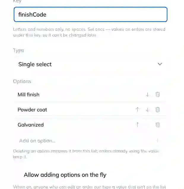 A Single select custom property with three options listed, each with move up, move down and delete controls, above the Add an option field and the Allow adding options on the fly checkbox.