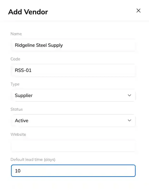 The Add Vendor panel with a name, a code, type Supplier, status Active and a default lead time in days.