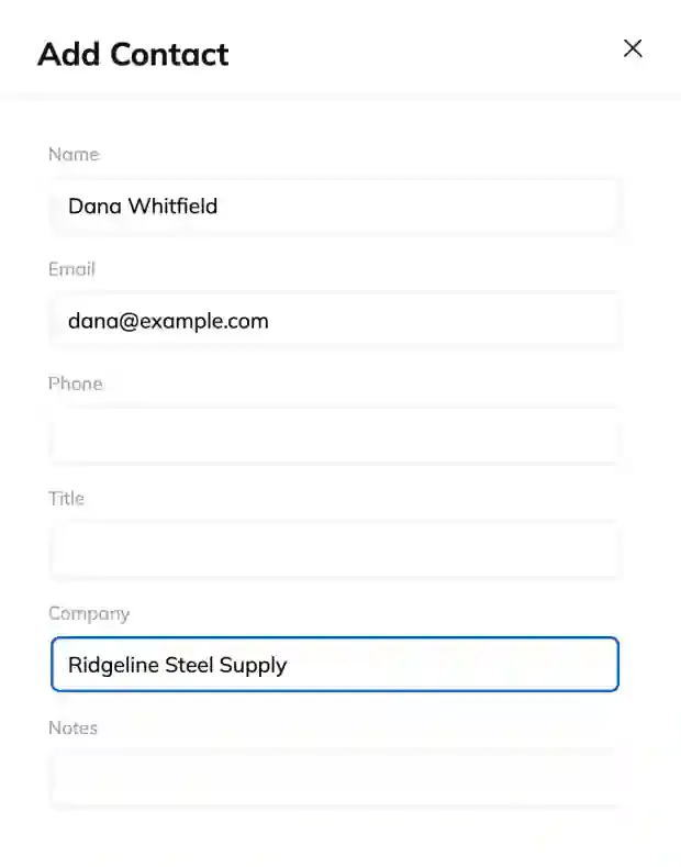 The Add Contact panel with a name, an email address and a company filled in, alongside empty phone, title and notes fields.