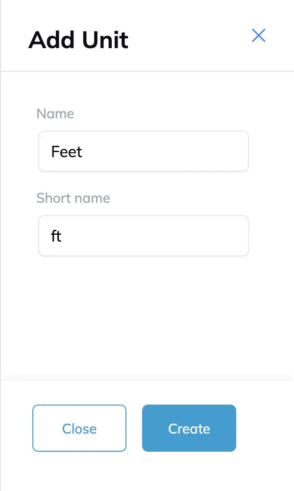 The Add Unit panel with a unit name and its short name filled in.