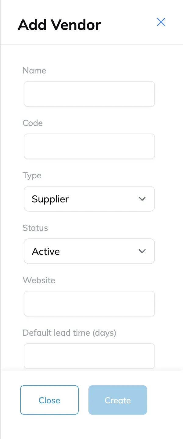 The Add Vendor panel with a name, a code, type Supplier, status Active and a default lead time in days.