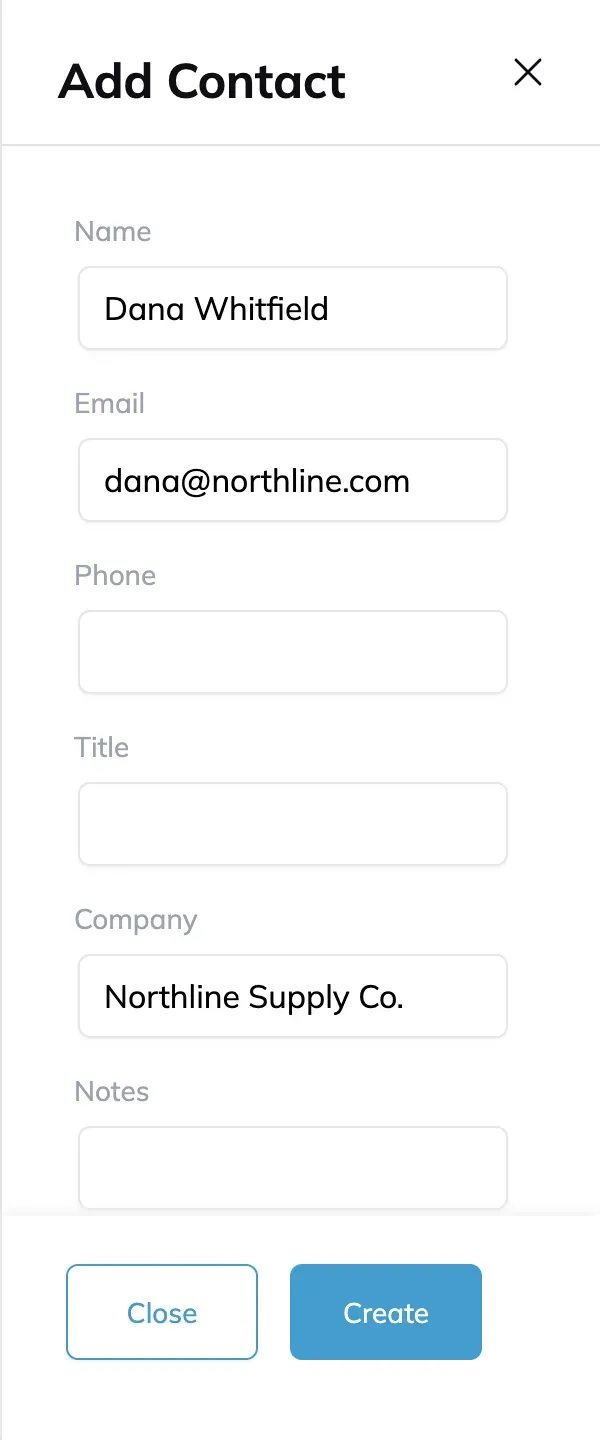The Add Contact panel with a name, an email address and a company filled in, alongside empty phone, title and notes fields.