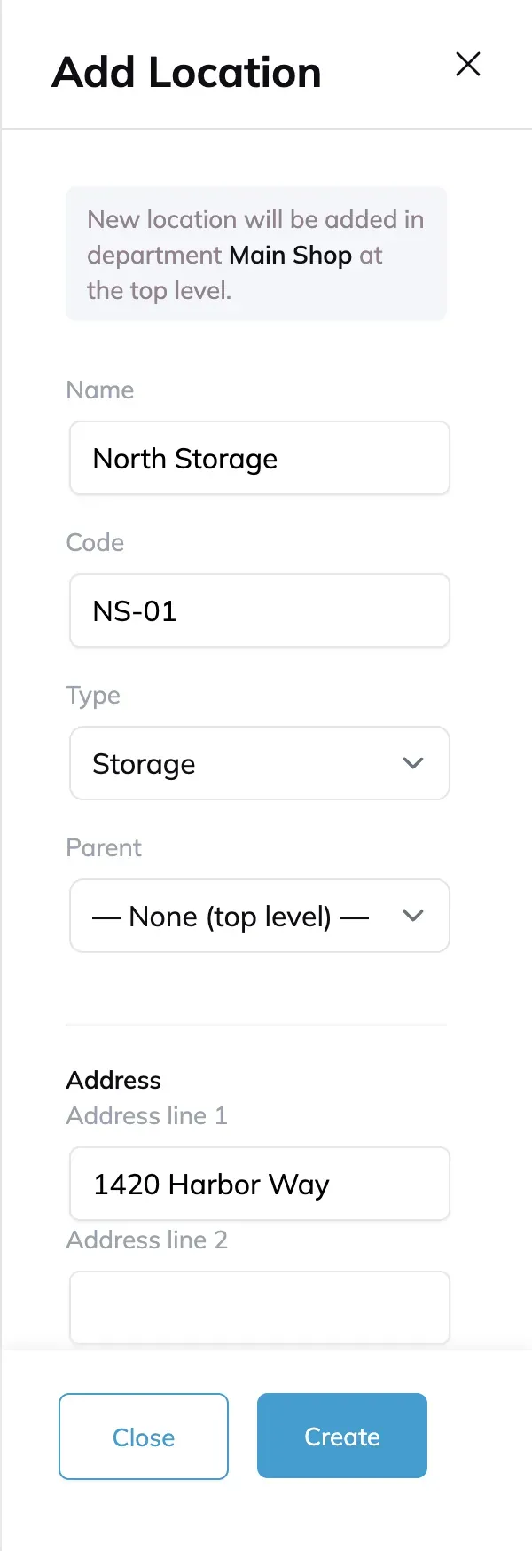 The Add Location panel, noting the department the location will be added in, with a name, a code, type Storage, a top-level parent and a street address.