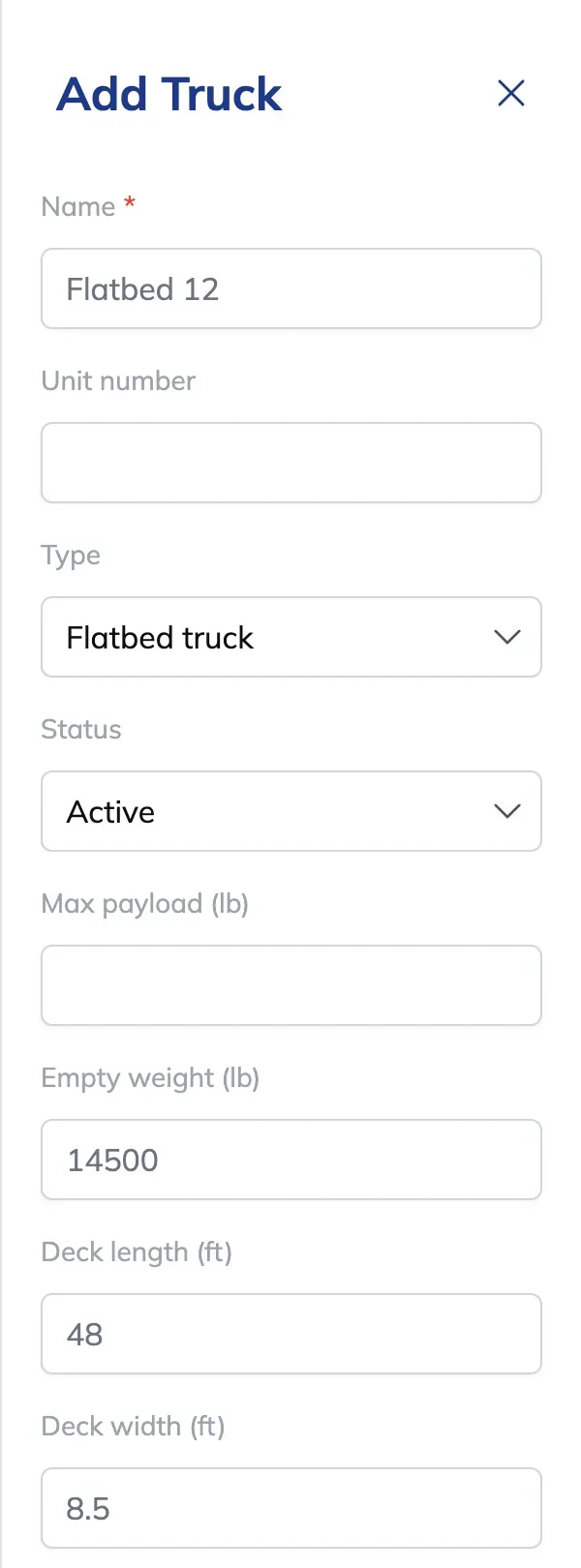 The Add Truck panel with a name, type Flatbed truck, status Active, an empty weight in pounds and deck length and width in feet.