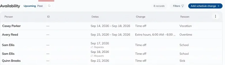 The Availability tab listing upcoming schedule changes, with both Time off and Extra hours rows