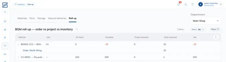 The Roll-up screen, listing each material with its unit, On hand, Available, Project demand, Order demand and Net columns. One row is expanded to show the order driving its demand, and that row's negative Available and Net figures are shown in red.