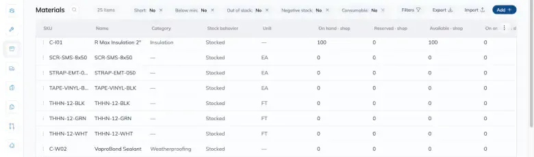 The Materials catalog, showing the SKU, Name, Category, Stock behavior and Unit columns beside the four stock figures: On hand, Reserved, Available and On order. Filter chips above the table offer Short, Below min, Out of stock, Negative stock and Consumable.