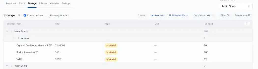 The Storage screen grouped by Location / item, with Main Bay expanded to show its sub-location Area A and the three materials stored there with their SKU, type and quantity on hand.