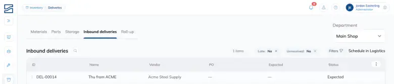 The Inbound deliveries list, with ID, Name, Vendor, PO, Expected and Status columns, and Late and Unreceived filters above the table.