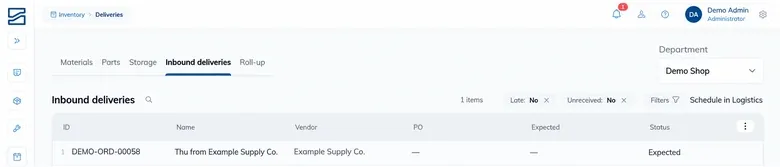 The Inbound deliveries list, with ID, Name, Vendor, PO, Expected and Status columns, and Late and Unreceived filters above the table.