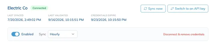 The Smartsheet connection reading Connected, with last synced, last validated and credentials expire dates, and the Enabled toggle with sync frequency.