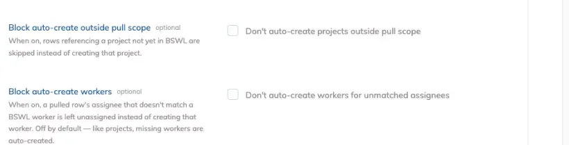 The two guardrail settings: Block auto-create outside pull scope, and Block auto-create workers, each with its checkbox.