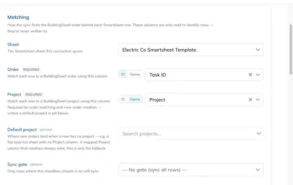 The Matching section: the selected sheet, the Order and Project columns each with an ID or Name toggle, Default project, and the Sync gate column.