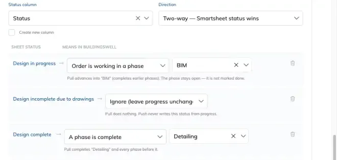 Status mapping with the Status column and direction set, and three sheet statuses mapped: one to a phase, one to Ignore, and one to a completed phase.