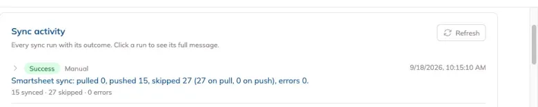 The Sync activity list, with a completed run showing its summary line: pulled, pushed, skipped and error counts.