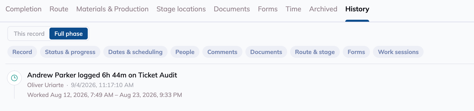 History entries for work sessions