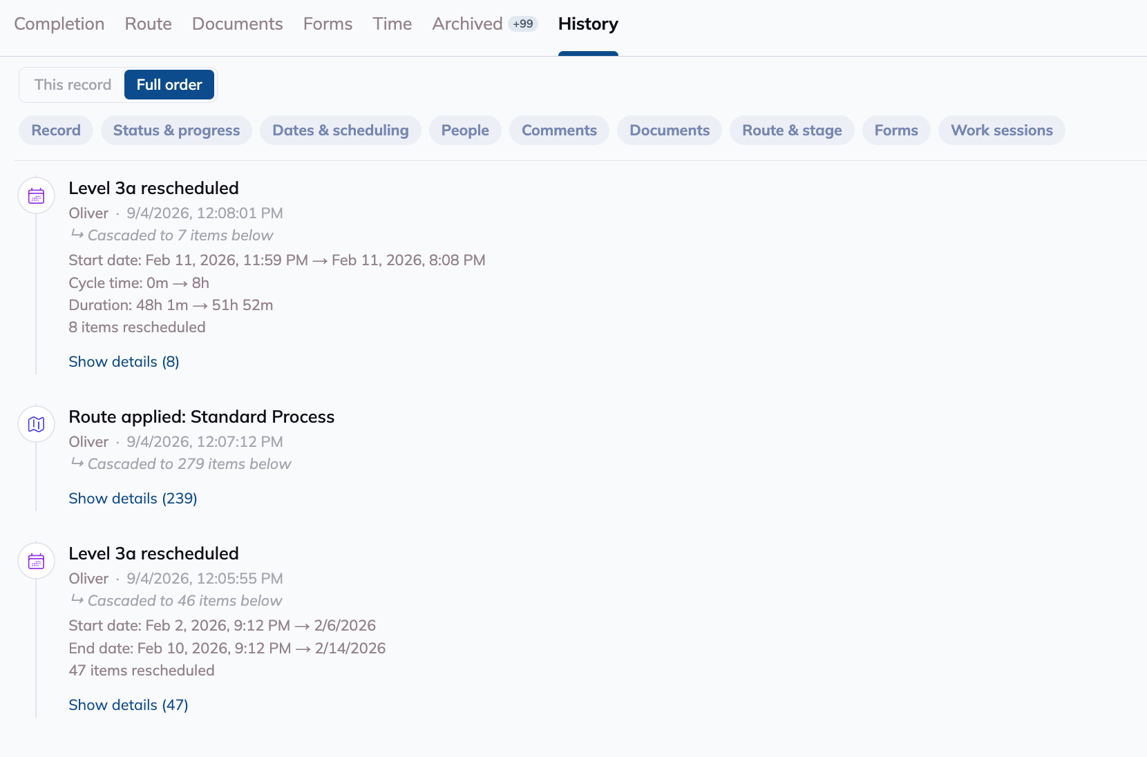 The History tab in Order Details