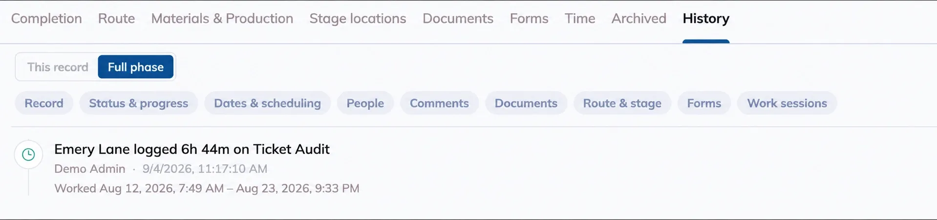 History entries for work sessions