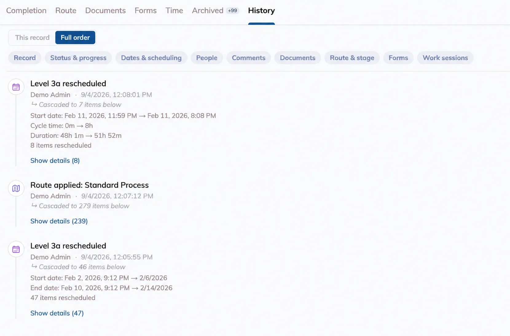 The History tab in Order Details
